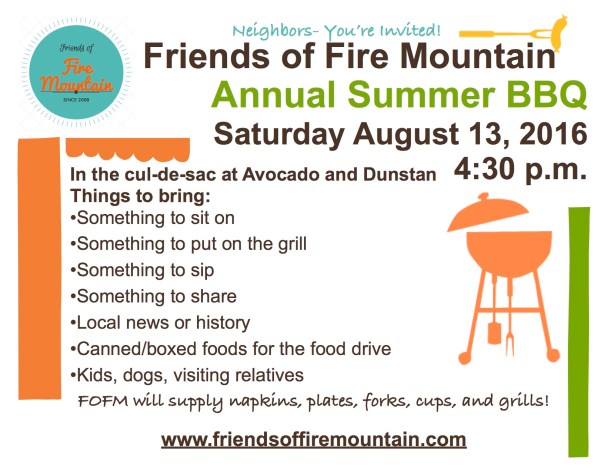 Fire Mountain Summer BBQ August 13 at 4:30